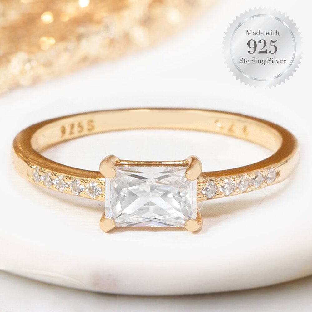 Dainty Emerald Cut ring, 925 Sterling Silver with 10k gold finish Pavé Band